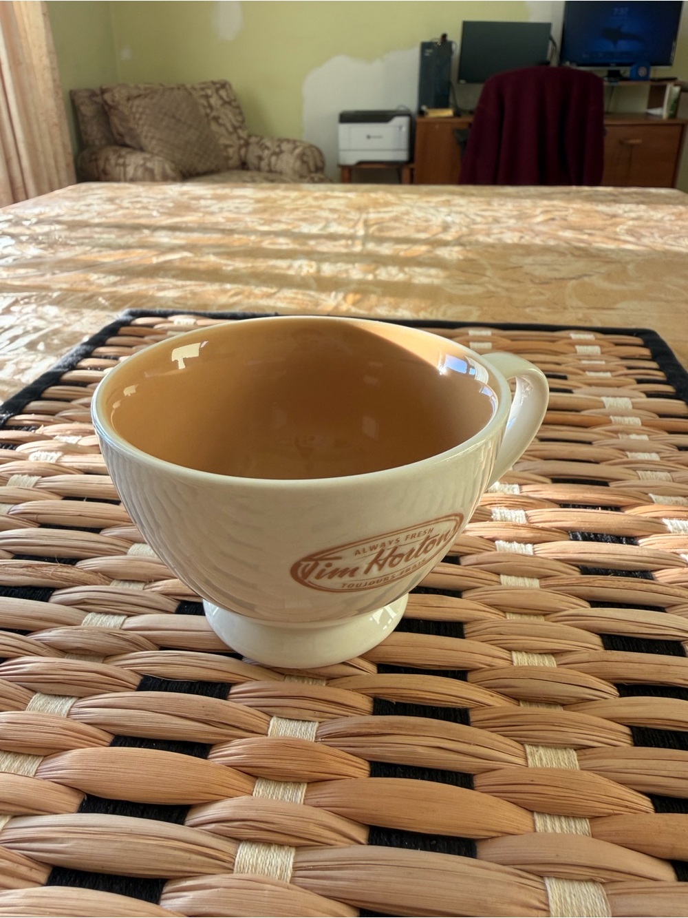 Tim Hortons Cream and Tan Ceramic Tea Cup with Pedestal Base